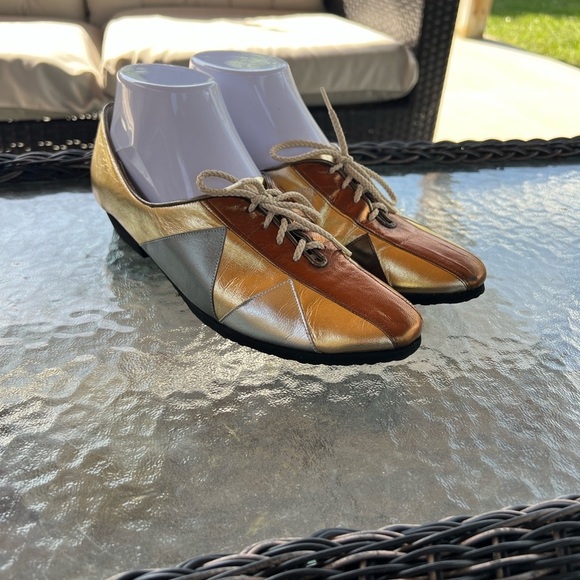 Siamanto Vintage Glam Art Deco Metallic Patchwork Leather Lace-Up Flats Size 8 - Picture 9 of 9